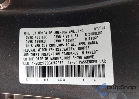 2014 Honda Accord Ex-L из США, поврежденный, VIN 1HGCR2F80EA287337